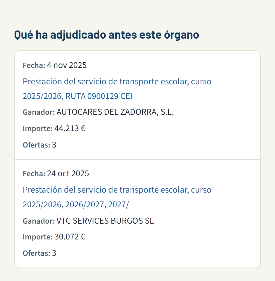 Historial de adjudicaciones de un órgano en Tratum: ganador, importe y número de ofertas de cada contrato